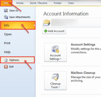 outlook 2010 1 file option