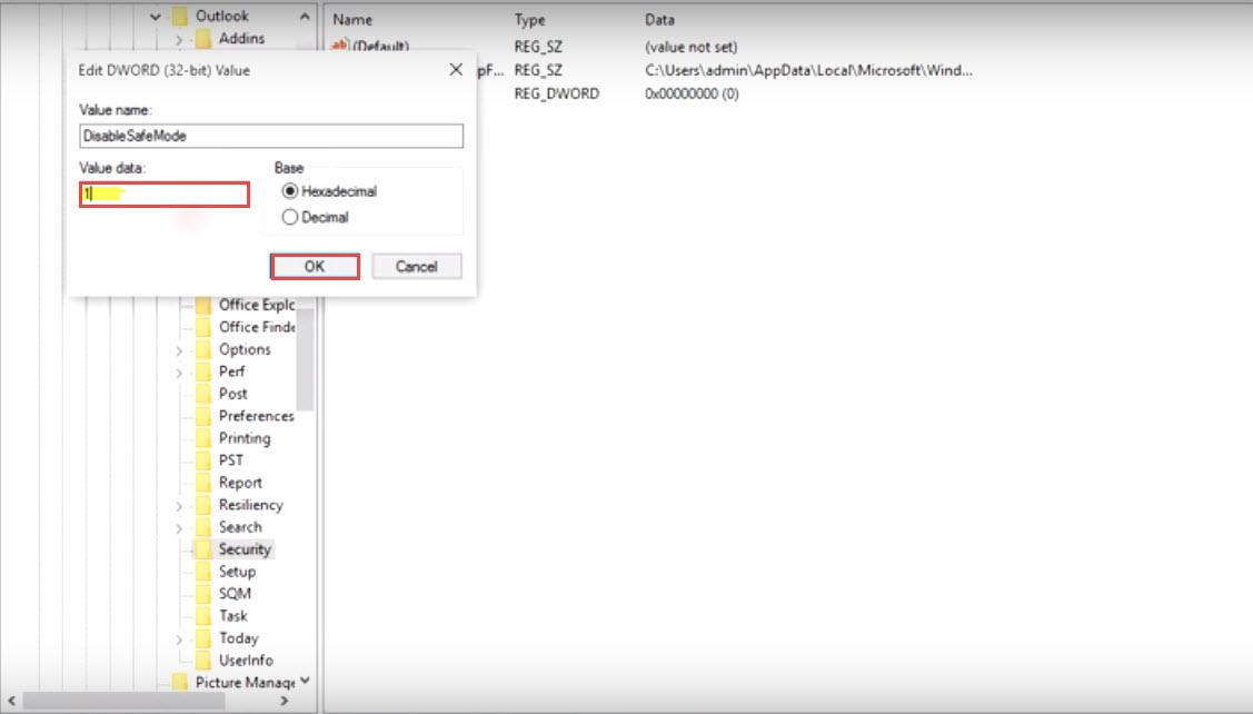 outlook 2010 11 safe mode error value data