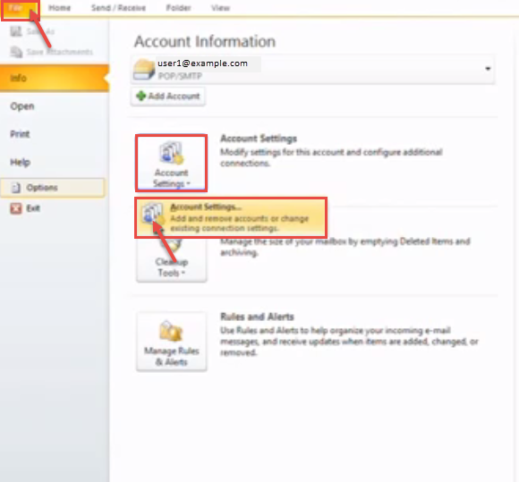 outlook 2010 2 account setting menu