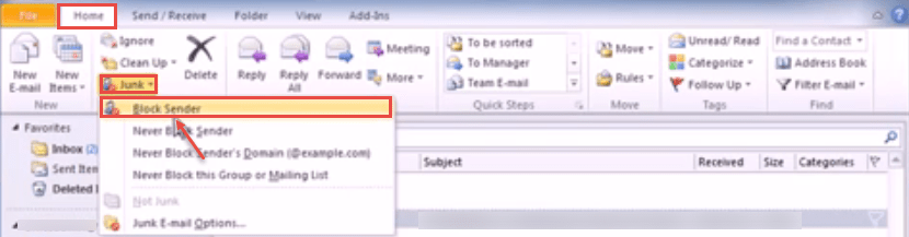 outlook 2010 2 blocked sender