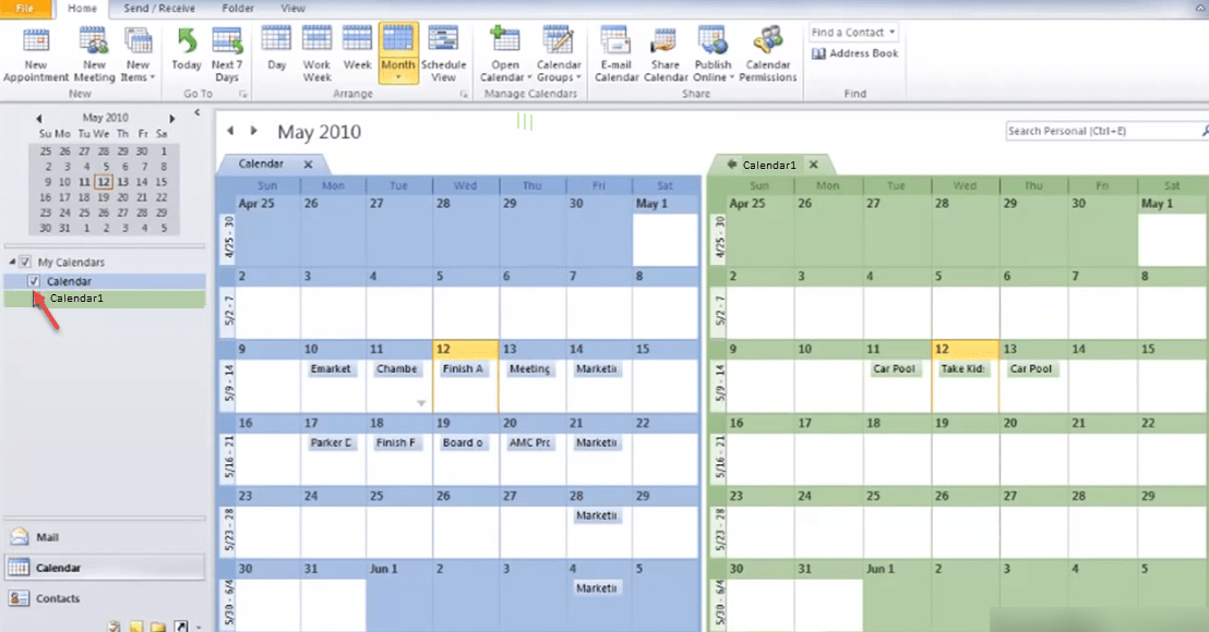 outlook 2010 2 calendars view