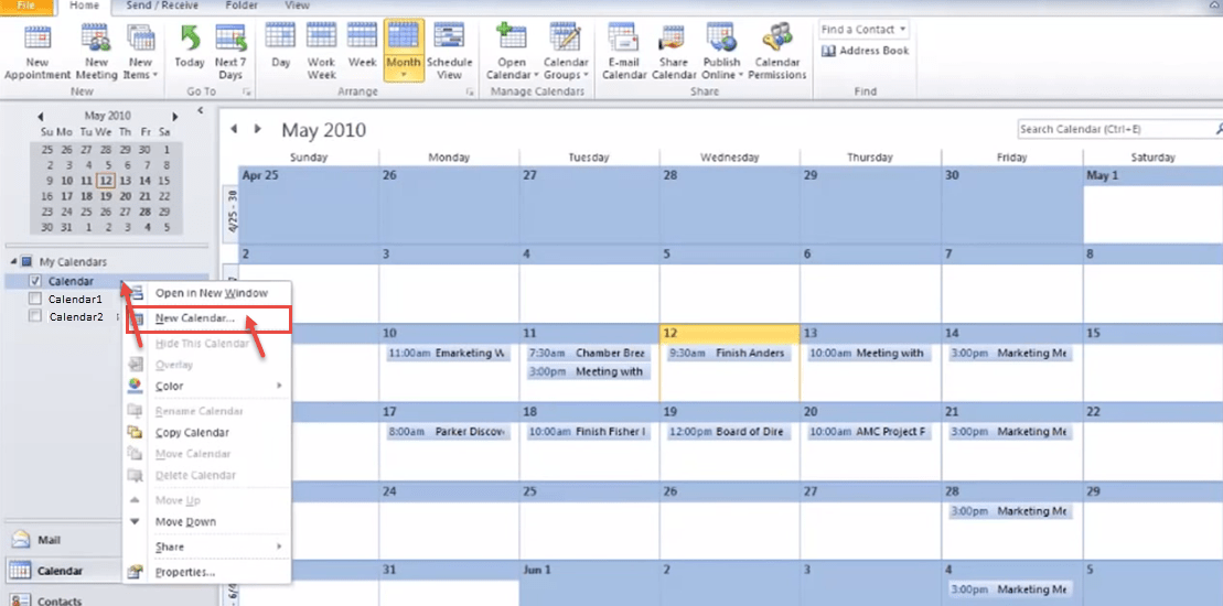 outlook 2010 3 new calendars