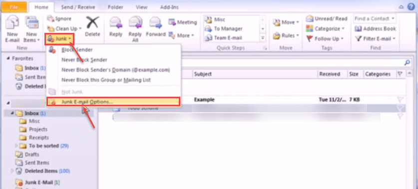 outlook 2010 4 junk email option