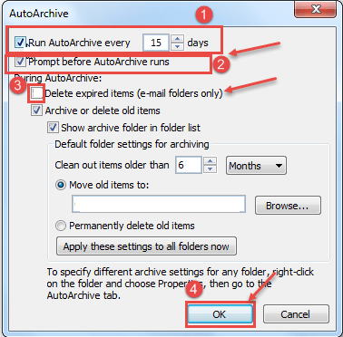 outlook 2010 4 run auto archive every