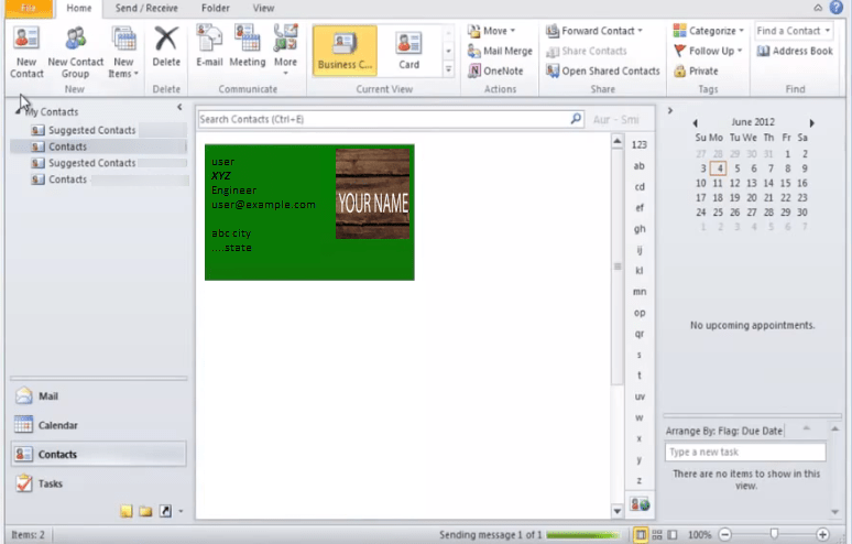 outlook 2010 7 display business card