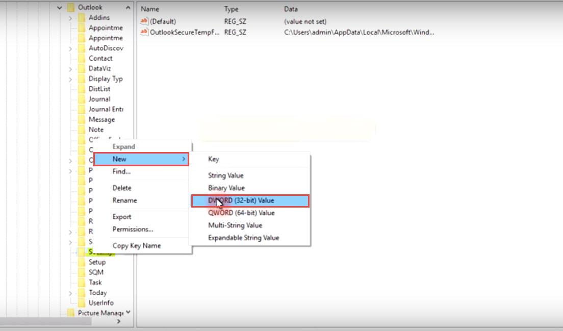 outlook 2010 8 safe mode error dword