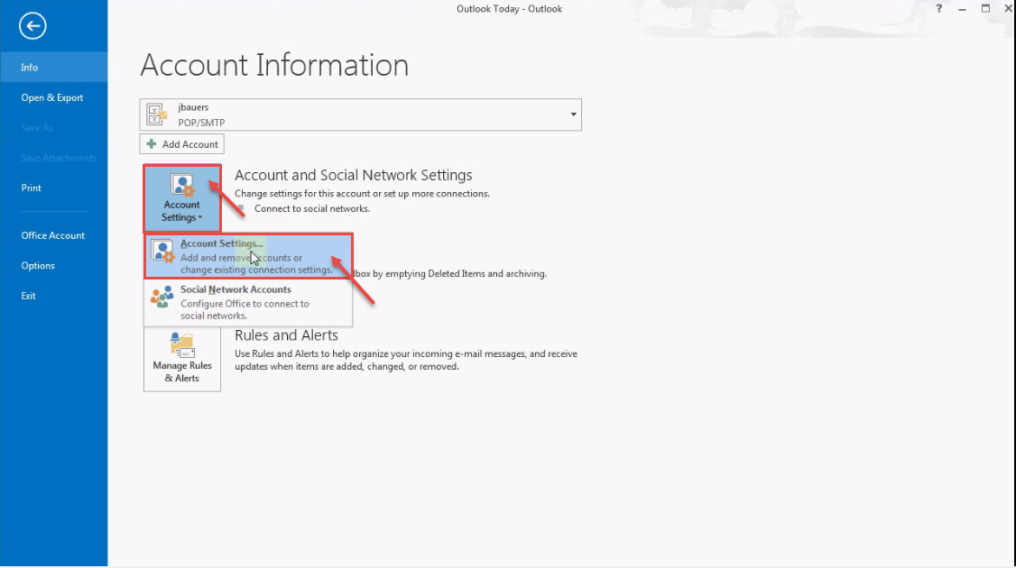 outlook 2013 2 account option