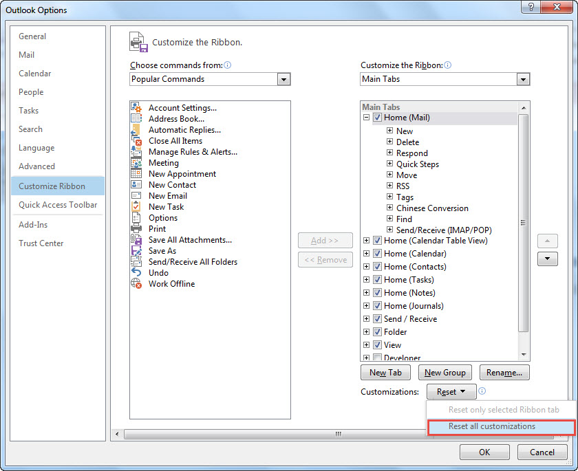 outlook 2013 3 reset all customizations