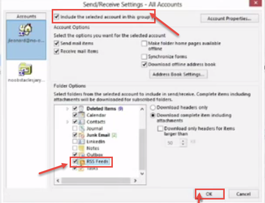 outlook 2013 5 account rss feeds setting