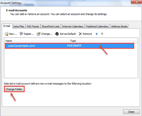 outlook 2013 6 account change folder