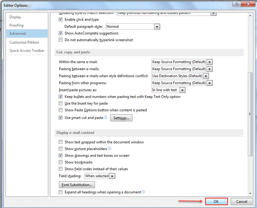 outlook 2013 7 ok editor option