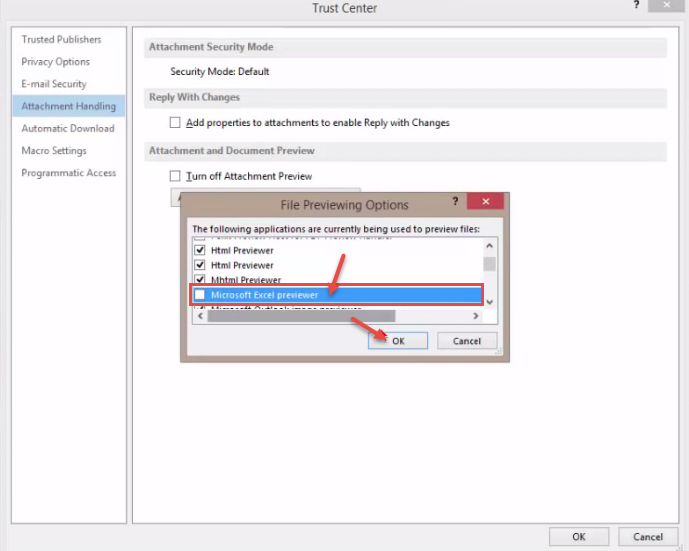 outlook 2013 9 uncheck excel previewer
