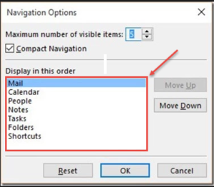 outlook 2016 1 navigation options