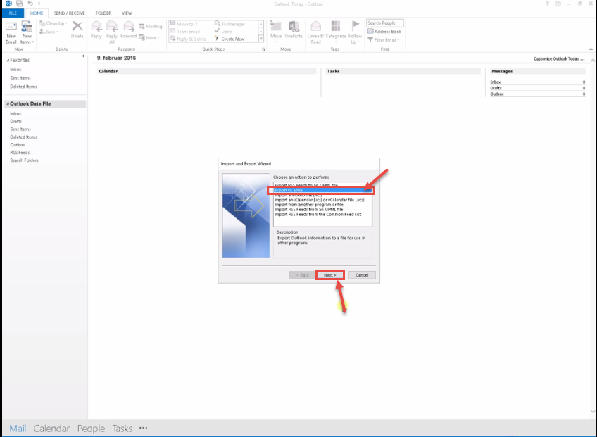 outlook 2016 3 import export wizard