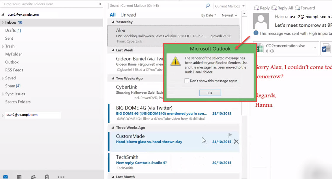 outlook 2016 8 block sender