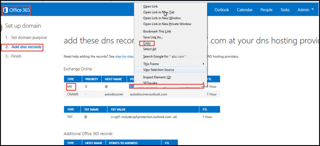 Office 365 25 change dns entries mx record copy