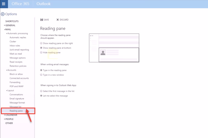 office 365 15 reading pane