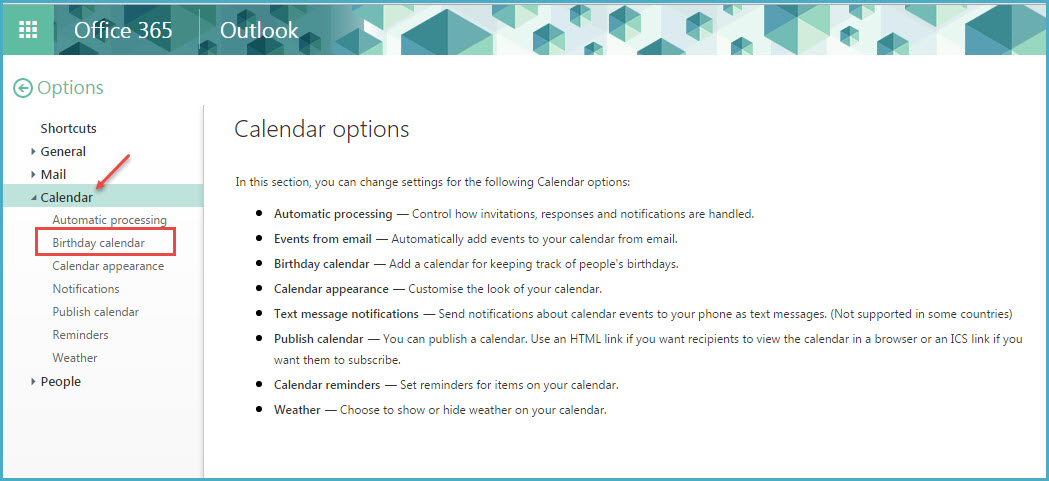 office 365 4 calendar options