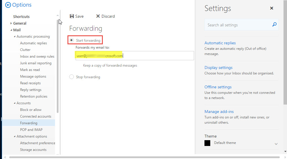 office 365 4 forwarding email start