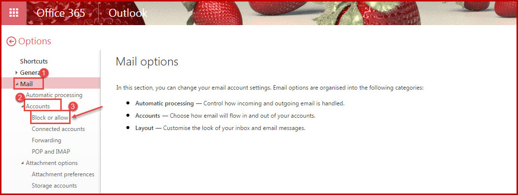 office 365 4 mail account block or allow