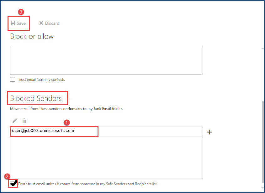 office 365 5 block senders