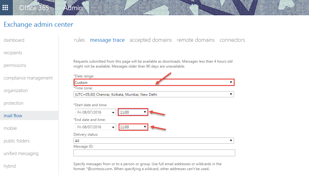 office 365 5 custom date range