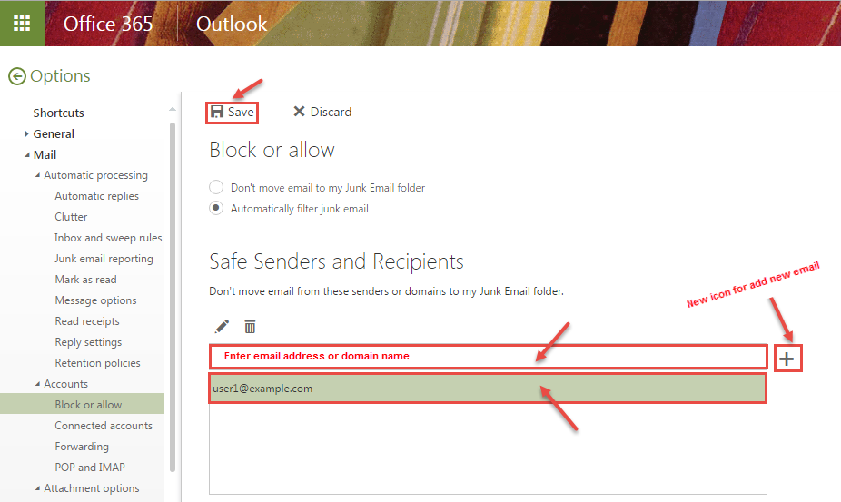 office 365 5 safe sender