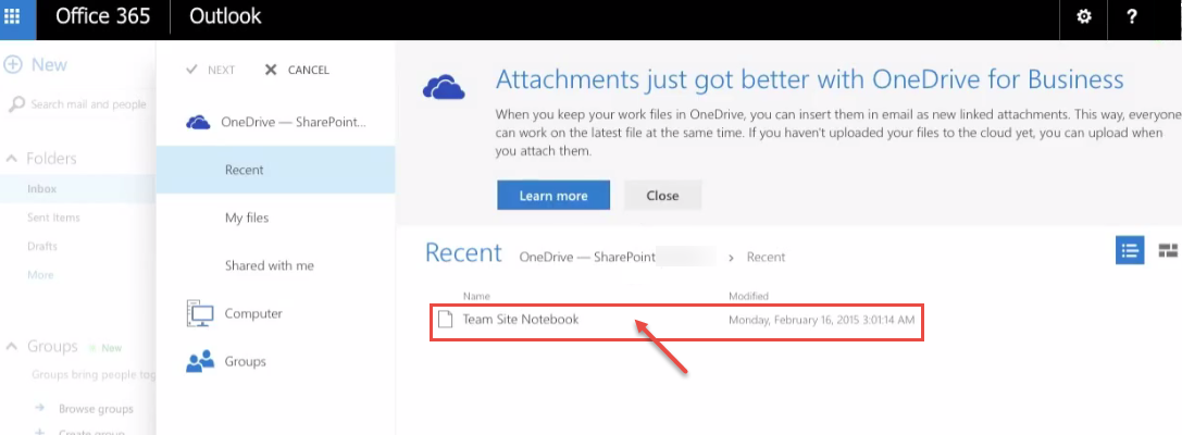 office 365 5 team site attachment