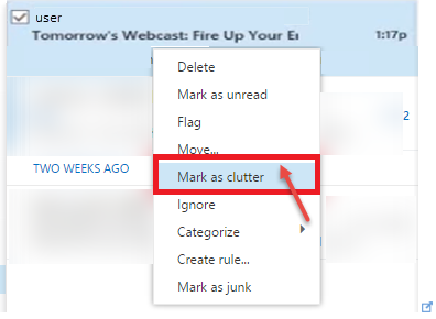 office 365 6 clutter email mark