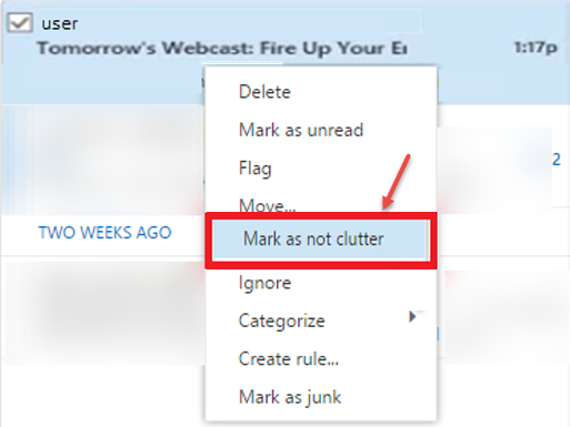 office 365 7 clutter email unmark