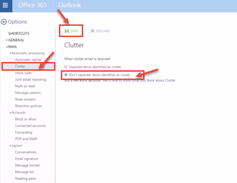 office 365 8 clutter option