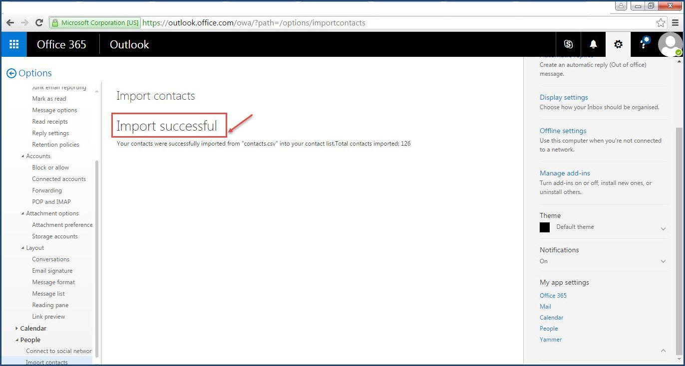 office 365 8 import successful