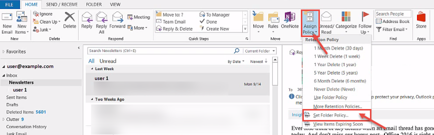 office 365 8 set folder policy