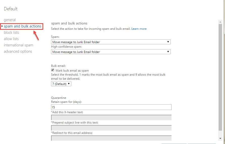 office 365 8 spam bulk action