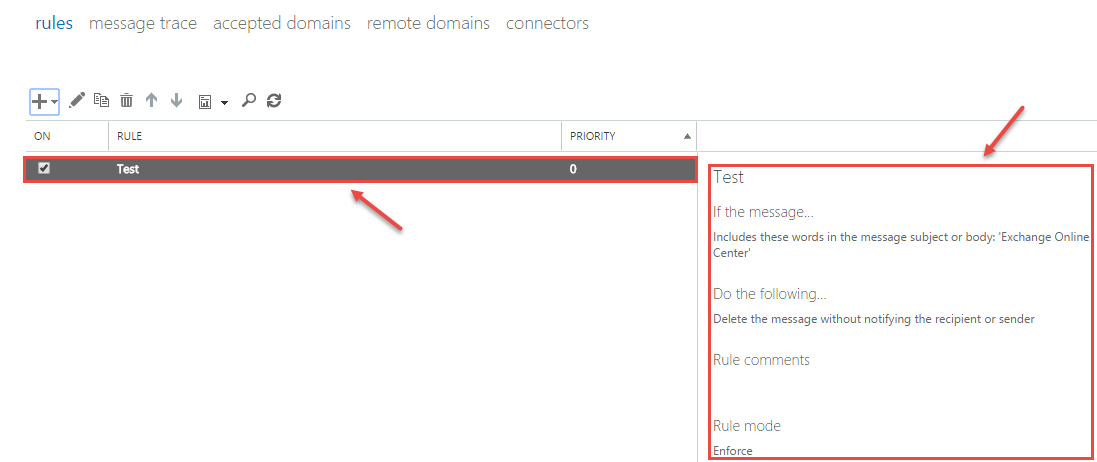 office 365 9 test rule created