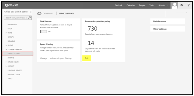 office 365 3 service setting